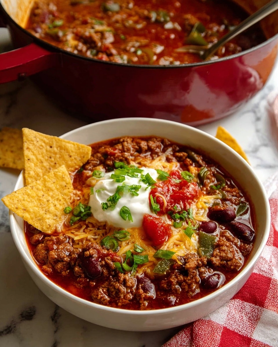 The image shows a close-up of a large white pot filled with thick chili, featuring multiple layers of ingredients. The top layer has chunks of red tomatoes and kidney beans, mixed with textured ground meat bits that appear brown and soft. There are pieces of green bell pepper and white onion scattered throughout, adding green and white colors and a slightly firmer texture. The chili sauce is a deep reddish-brown, coating all ingredients and forming the base layer. A black ladle lifts a serving, highlighting the chunky and hearty mix of vegetables, beans, and meat, all sitting against a white marbled surface. Photo taken with an iphone --ar 4:5 --v 7