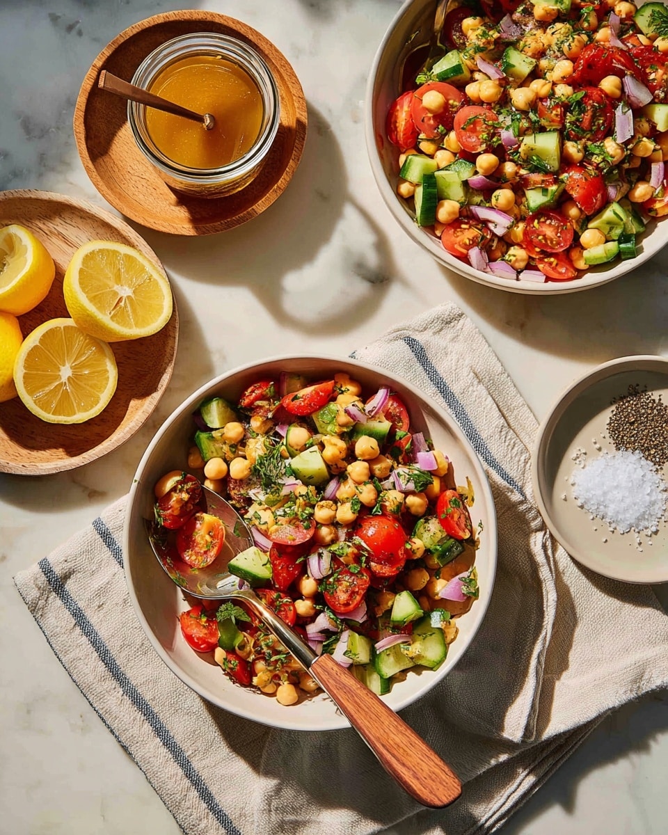 A white bowl holds a colorful salad with many layers: round beige chickpeas, red cherry tomatoes sliced in halves, green cucumber chunks, and bright green chopped herbs spread evenly. Small pieces of red onion and bits of red pepper give extra color and texture among the salad ingredients. A wooden spoon rests inside the bowl, mixing the fresh vegetables and chickpeas together, all set on a white marbled surface. photo taken with an iphone --ar 4:5 --v 7