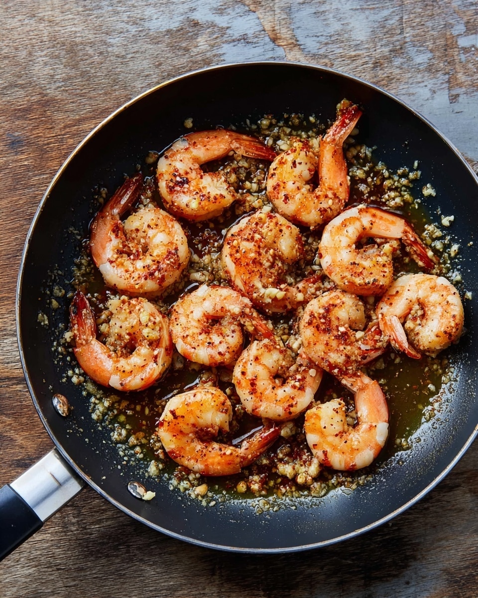 A round metal pan filled with a layer of shiny, reddish-orange sauce, topped with medium-sized pink shrimp arranged around the circle. On top of the shrimp, there is a generous pile of fresh chopped green herbs, with small bits spread over the whole dish. The pan is placed on a dark rustic wooden surface which is not part of the final description. The colors contrast well between the reddish sauce, pink shrimp, and vibrant green herbs, giving a fresh and tasty appearance. photo taken with an iphone --ar 4:5 --v 7