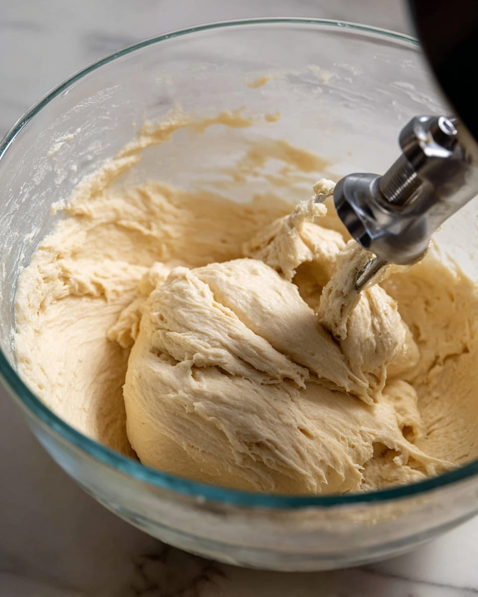 A close-up view of a pale cream-colored dough with a smooth and slightly sticky texture, being mixed inside a clear glass bowl. The dough is wrapped around a metal mixing paddle, which is partially visible on the right side. The clear bowl shows some remnants of dough stuck to the sides. The setting features a white marbled surface. Photo taken with an iphone --ar 4:5 --v 7