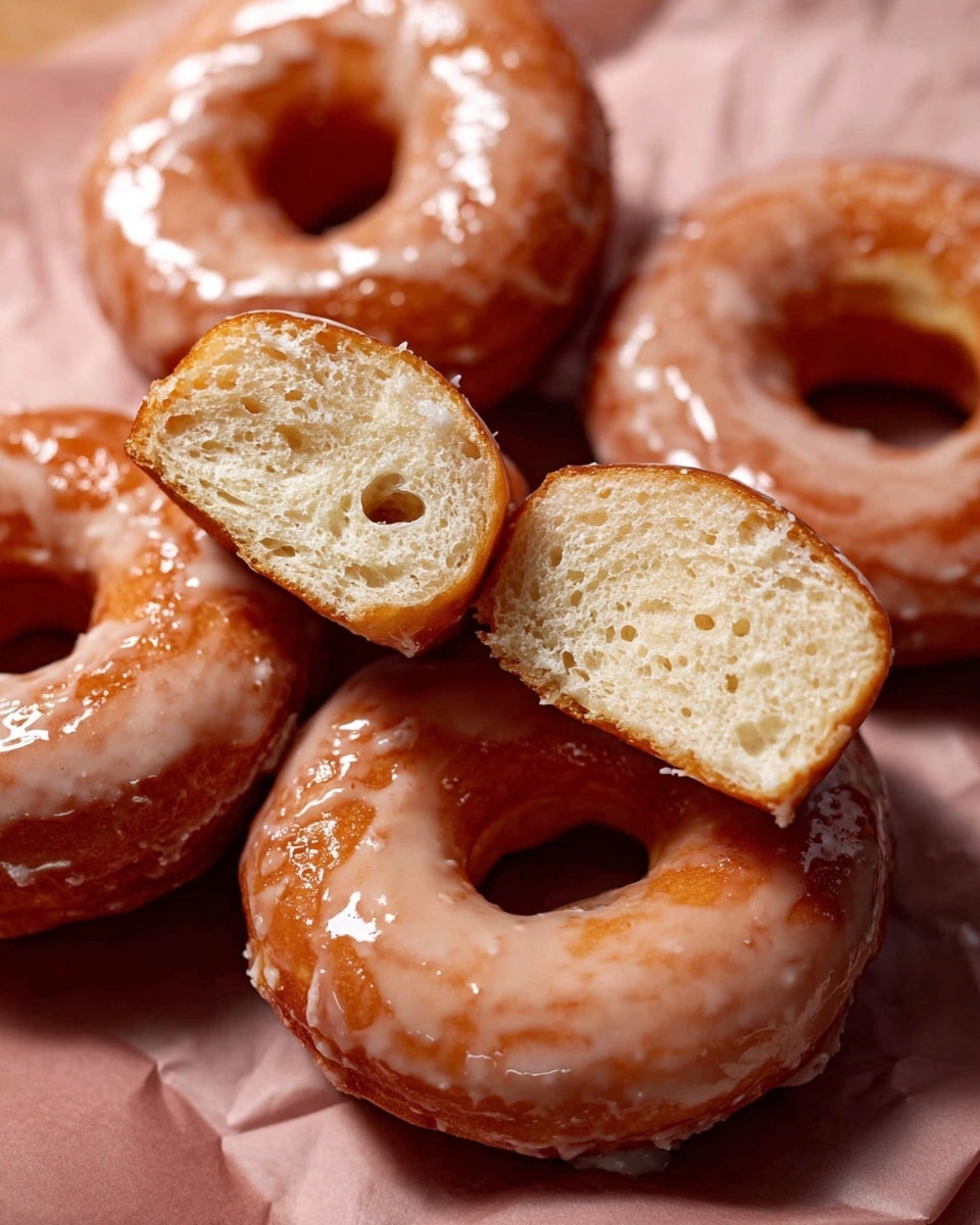 Several glazed doughnuts with a light shiny layer of icing cover each one, giving a smooth and slightly sticky texture. The doughnuts are golden brown under the thin white glaze. One doughnut is broken into pieces showing a soft and airy inside with a pale yellow color. The doughnuts are placed close together on a white marbled surfaced with some glaze drips around them. Photo taken with an iphone --ar 4:5 --v 7