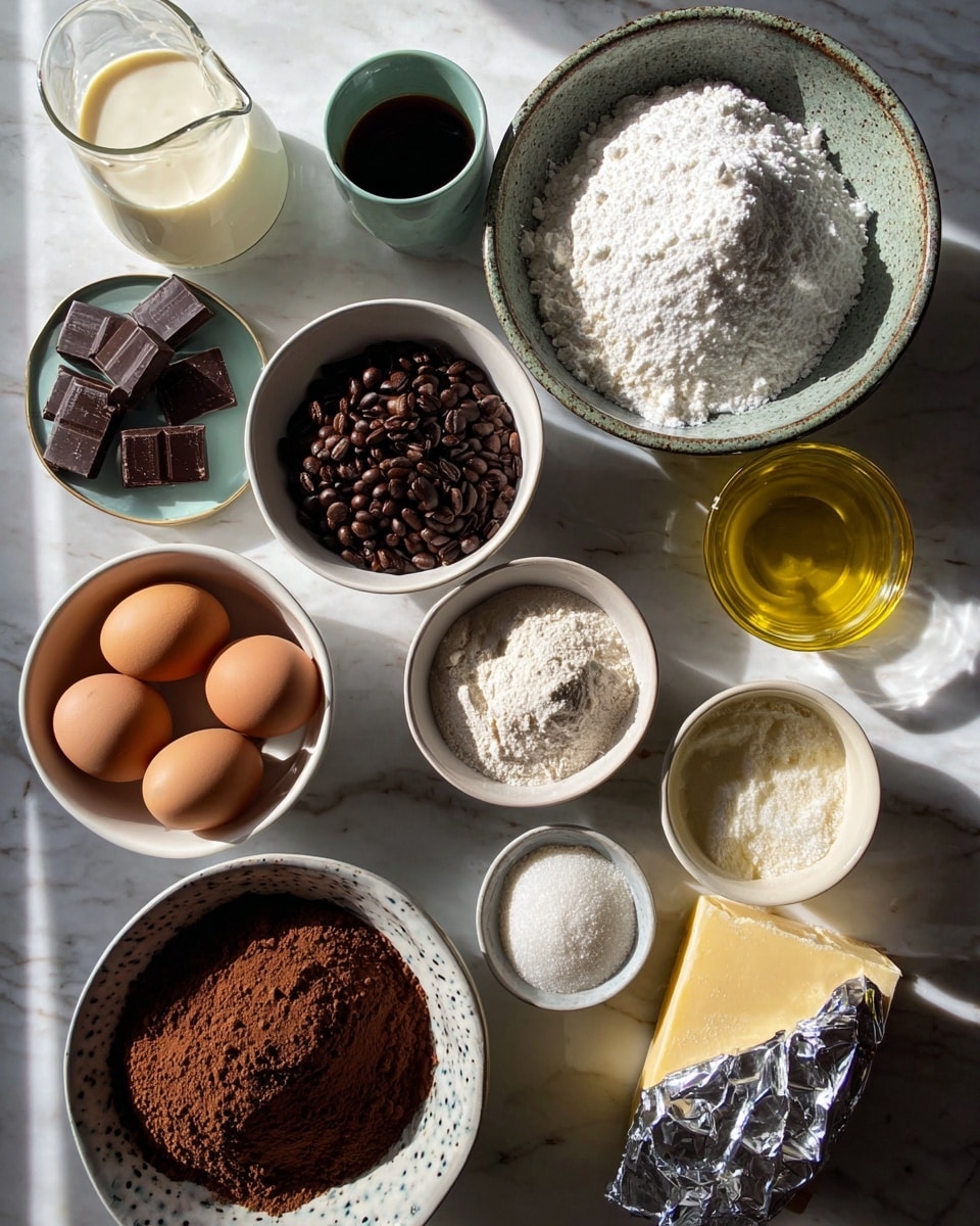 The image shows a top-down view of various ingredients arranged on a white marbled surface. There are ten different containers holding each ingredient: a clear glass jug filled with cream placed at the top left; a large rustic grey bowl filled with white granulated sugar sits at the top right; below it, a small white bowl with dark brown coffee beans; beside it, a smaller white bowl with a dark liquid, likely coffee or vanilla; to the left of that, a medium white bowl filled with dark chocolate pieces; next to it, a small white bowl containing white powder, possibly baking powder or flour; on the bottom left, a white bowl holding two whole brown eggs; near the center left, a rustic grey bowl filled with white flour; above it, a small clear glass with yellow oil. At the bottom center, there is a patterned bowl filled with cocoa powder, and to the right, a wrapped block of brown sugar or butter. All shadows fall softly to the left. photo taken with an iphone --ar 4:5 --v 7