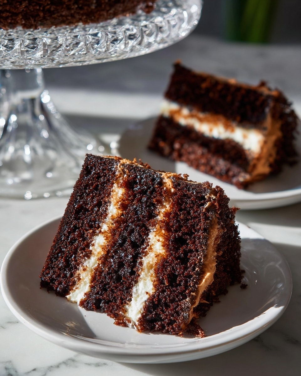 The image shows a close-up of a tall cake with four thick layers. The bottom, second, and third layers are rich dark brown chocolate cake, looking moist and dense. Between these chocolate layers are thinner golden brown cookie-like layers with a crumbly texture, and thin white cream spread inside. On top of the cake sits a pile of large, toasted marshmallows with a golden brown surface, slightly melted and soft. The sides of the cake are covered in glossy dark chocolate frosting, some parts appearing smooth and others slightly dripping. The cake is on a clear glass stand with a white marbled surface background. Photo taken with an iphone --ar 4:5 --v 7