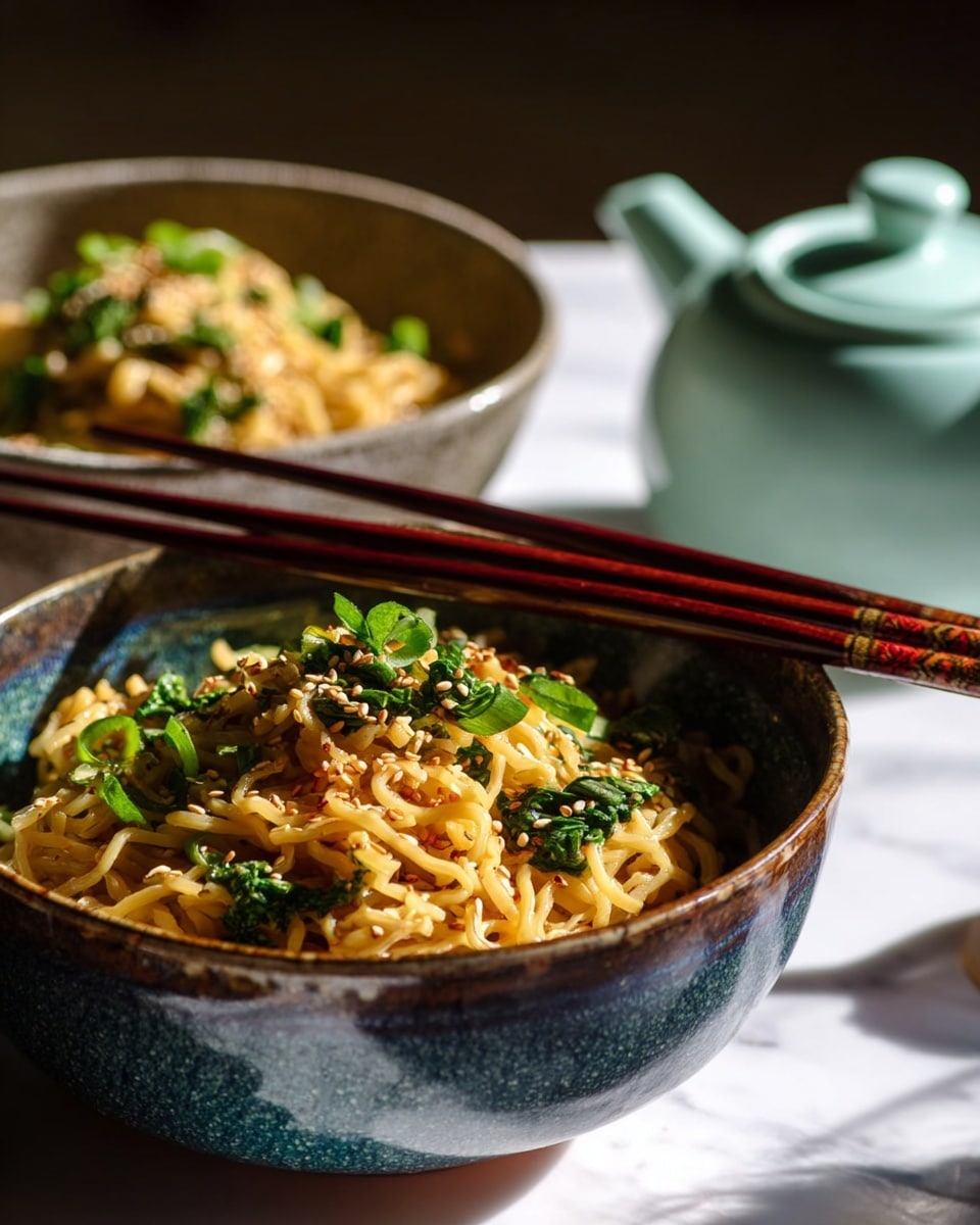 A textured dark gray bowl filled with light brown noodles that have a slight shine, mixed with small bits of green leafy vegetables and sprinkled with beige sesame seeds on top. Thin green onion slices are scattered over the noodles. A pair of dark brown chopsticks rest on the edge of the bowl, pointing upward. Behind it, there's a second similar bowl filled with noodles in a blurred view, sitting on a white marbled surface. To the right, a small teal ceramic cup and saucer are seen, and in the lower right corner, a piece of fresh ginger root is partially visible. Photo taken with an iphone --ar 4:5 --v 7