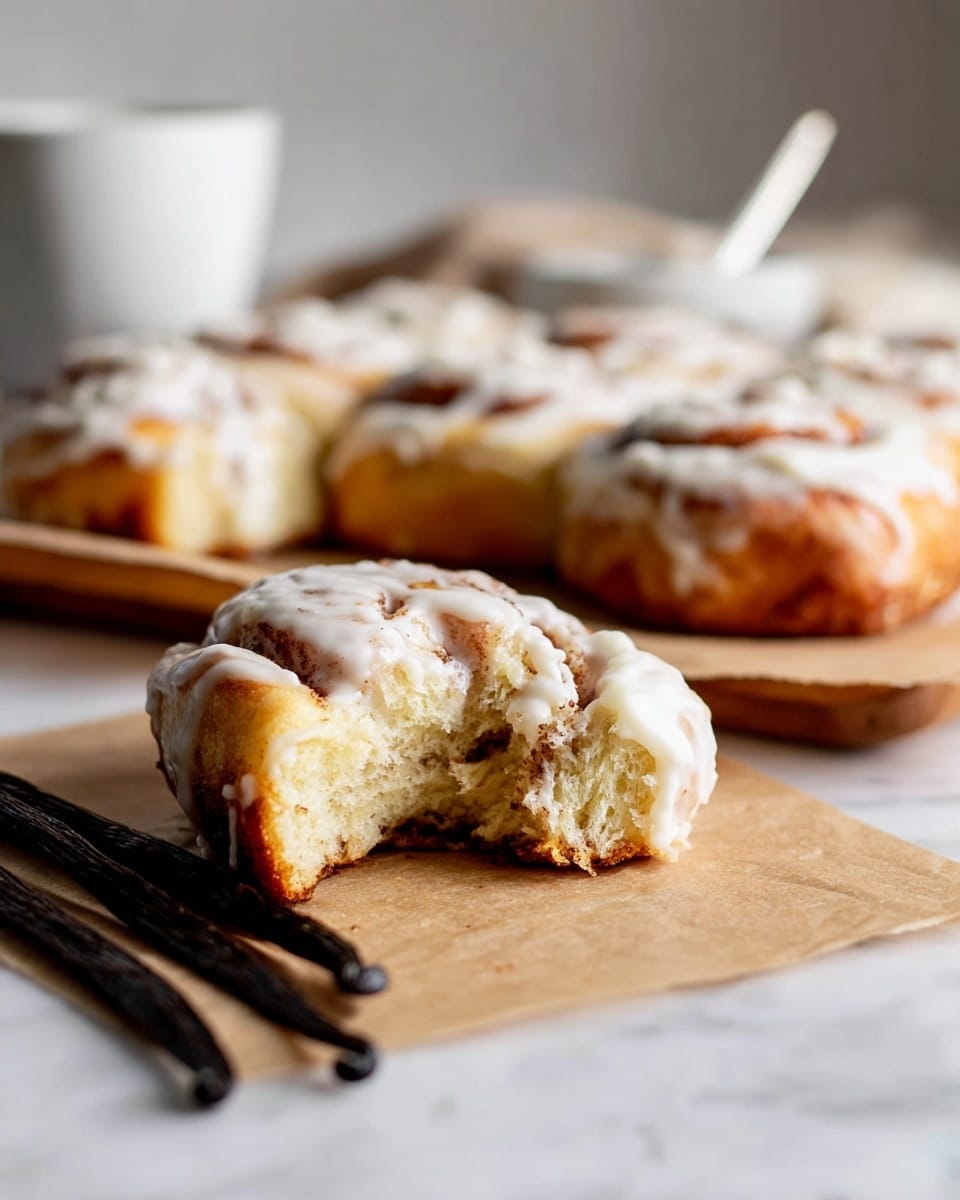 The image shows a white rectangular baking dish filled with eight golden-brown cinnamon rolls arranged in two rows of four. The top five cinnamon rolls are covered with a thick, creamy white icing that has a smooth and slightly glossy texture, partially spreading over the rolls and pooling around them. A silver spoon with some icing on it rests at the bottom left corner of the dish, suggesting the icing is being spread on the rolls. The dish sits on a white marbled surface with a light beige textured cloth underneath on the bottom left, and two dark brown vanilla pods are placed on the right side of the dish. Photo taken with an iphone --ar 4:5 --v 7