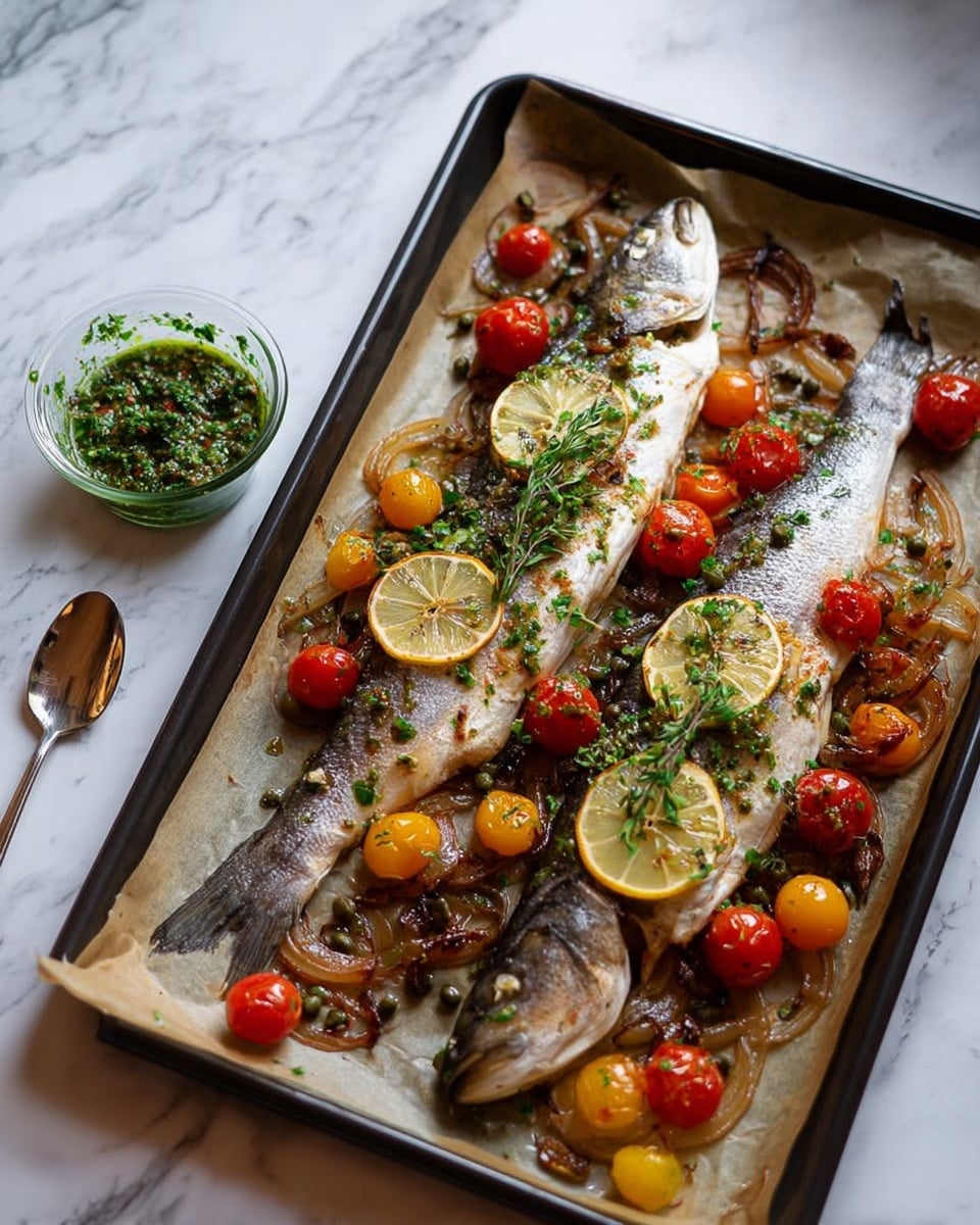 The image shows two whole cooked fish placed side by side on a baking tray lined with parchment paper. The fish have a slightly crispy golden skin with lemon slices layered underneath each one, visible along the length of the fish. Bright red and yellow cherry tomatoes are scattered around the fish, some slightly roasted. Thinly sliced browned onions are also spread across the tray. Green herbs and capers are sprinkled on top of the fish and the vegetables, adding a fresh touch. A small glass bowl filled with a green herb sauce and a spoon is placed to the left of the tray on a white marbled surface. Photo taken with an iphone --ar 4:5 --v 7