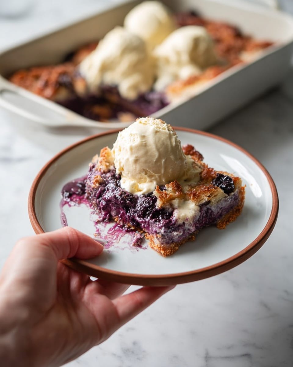 The image shows a white rectangular baking dish filled with a dark purple fruit cobbler topped with a golden-brown baked crust that looks slightly crisp and uneven. On top of the cobbler, there are four scoops of creamy white ice cream melting slowly, creating smooth white streaks over the crust and fruit layers below. A silver spoon is resting in the dish, partially scooping out the purple filling. Next to the dish is a white plate with a brown rim, holding a serving of the cobbler with the purple fruit filling visible and a piece of the crust on top. Both the baking dish and plate are placed on a white marbled surface. photo taken with an iphone --ar 4:5 --v 7