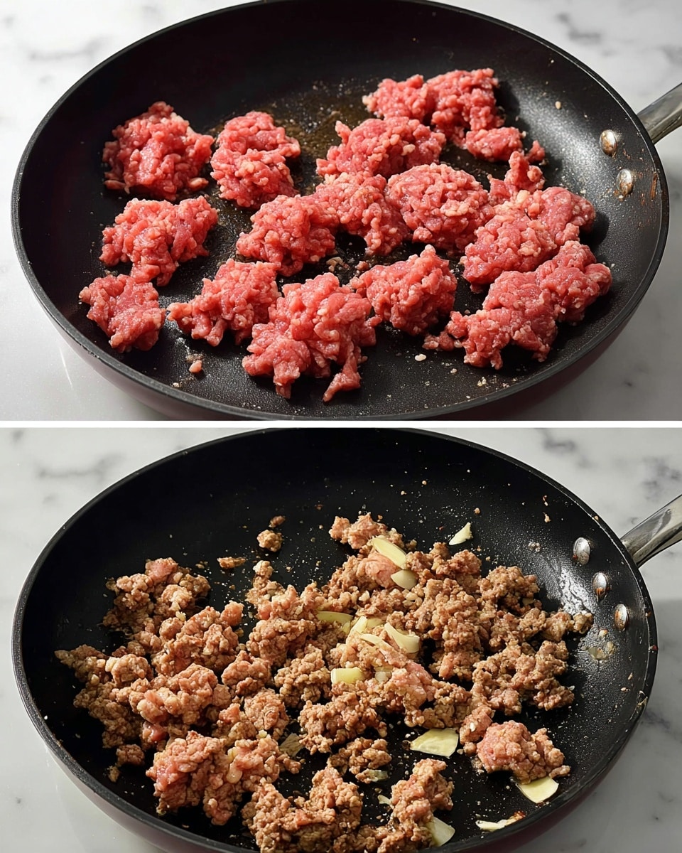 The image is split into two parts, each showing a close-up of ground meat cooking in a black non-stick pan placed on a white marbled surface. In the top part, raw ground meat in uneven clumps of bright pink and red sits scattered in the pan with some lighter fat parts visible. In the bottom part, the same pan holds cooked ground meat, now broken into small pieces of light brown color with some slices of light beige garlic mixed in. Both shots focus tightly on the meat and pan, with no other items visible. Photo taken with an iphone --ar 4:5 --v 7