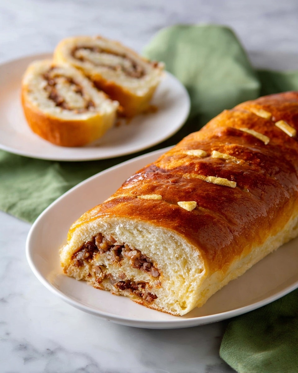 The image shows a long baked roll with a golden brown crust on a white plate, with five small slits on top showing a slightly crisp texture. Inside, the roll has two layers: a light, soft dough layer on the outside and a meaty, cooked filling layer with brown and beige tones, visible at the cut end facing the camera. In the background, there is a separate white plate holding a slice of the roll, which displays the same two layers with the filling swirled through the dough. The setting includes a white marbled surface and a green cloth nearby. photo taken with an iphone --ar 4:5 --v 7