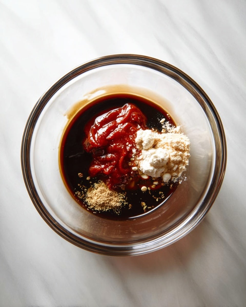 A clear glass mixing bowl is placed on a white marbled surface. Inside the bowl, various ingredients sit separately: a glossy dark brown liquid forms the largest area, accompanied by a smaller portion of thick red sauce on one side, and a few small piles of light beige powder scattered nearby. The mixture is unmixed, showing distinct colors and textures that contrast against the smooth glass and white surface. Photo taken with an iphone --ar 4:5 --v 7