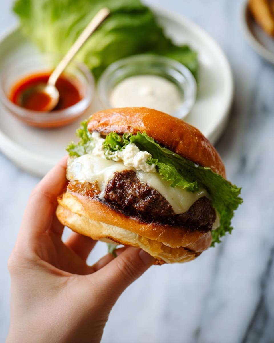 A close-up of a cheeseburger held by a woman's hand against a white marbled surface. The burger has a shiny, soft golden brown top bun, then a layer of red sauce and white creamy sauce. Below that is a slice of melted cheese over a dark brown grilled beef patty. Under the patty is a crisp, bright green leaf of lettuce. The bottom bun is a toasted golden brown. In the background, there is a white bowl with white sauce and a glass container with red sauce and a spoon. Photo taken with an iphone --ar 4:5 --v 7