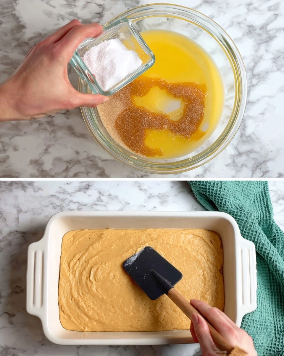 The top part of the image shows a clear glass bowl with melted yellow butter and brown sugar on top. A woman's hand is holding a small clear glass container of white granulated sugar above the bowl, ready to pour it in. The background surface is a white marbled texture. The bottom part of the image shows a white rectangular baking dish with an even layer of smooth, light brown dough spread inside. A woman's hand is using a black spatula with a wooden handle to spread the dough flat. There is a green cloth on the top right side next to the baking dish. Photo taken with an iphone --ar 4:5 --v 7