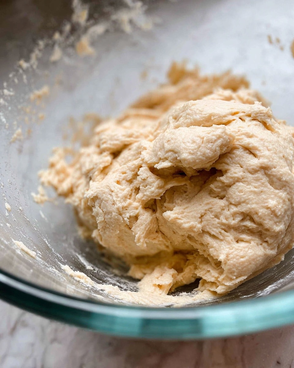 A close-up image of a big ball of pale beige dough with a soft and slightly rough texture inside a clear glass bowl. The dough looks thick and a bit sticky, with visible small flour bits on the surface. The clear bowl reflects light on a smooth white marbled surface. Photo taken with an iphone --ar 4:5 --v 7