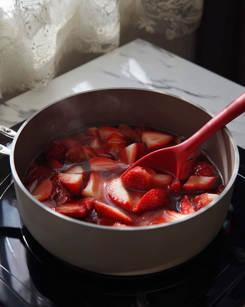 A grey cooking pot filled with sliced strawberries in syrup, showing bright red and pink pieces floating on top, with a red silicone spatula resting inside. The pot is placed on a black stove surface with white marbled texture in the background, and a hint of sheer lace curtains can be seen behind. Steam rises gently from the mixture, indicating it is warm. Photo taken with an iphone --ar 4:5 --v 7