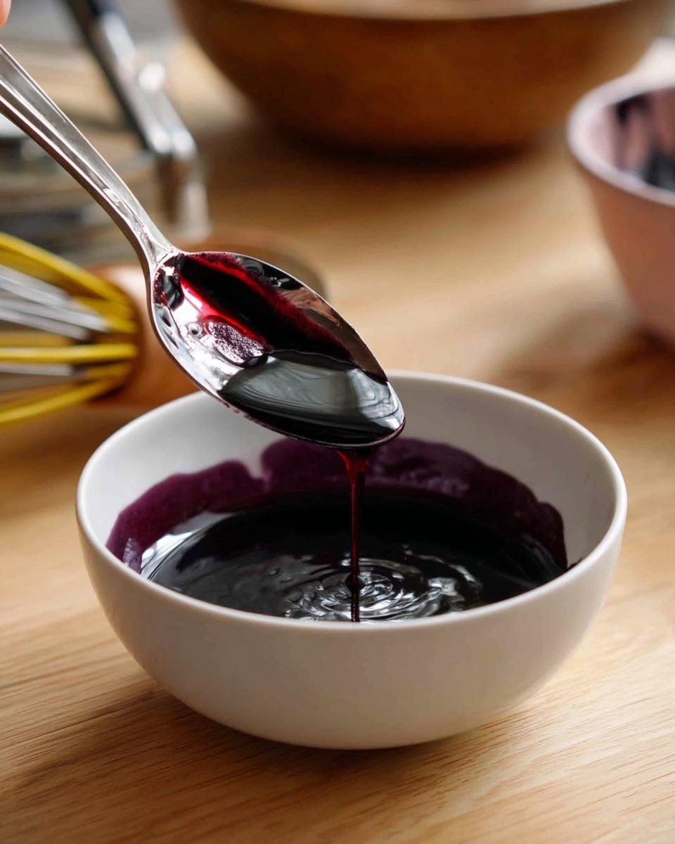 A shiny silver spoon with dark purple liquid dripping from it is held above a small white bowl filled with thick, deep purple syrup. The inside edge of the bowl shows the syrup's stain, indicating its rich color and smooth texture. The bowl sits on a light wooden surface with a blurred background containing other kitchen items. The photo captures a close view, focusing on the liquid's thickness and bird's hand holding the spoon. photo taken with an iphone --ar 4:5 --v 7