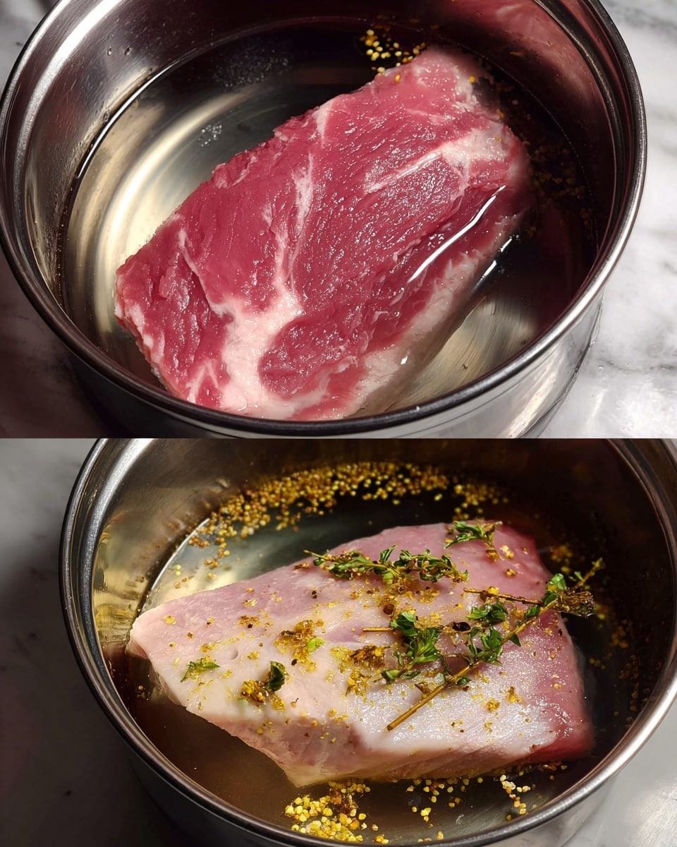 The image shows two metal pots with a large piece of meat submerged in water. The top pot contains fresh raw meat, pink with white marbling, lying flat in clear water that reflects light. The bottom pot holds the same piece of meat but now appears pale and cooked, partly submerged in water with small yellow and green spice flakes floating on the surface. Both pots rest on a white marbled surface. photo taken with an iphone --ar 4:5 --v 7