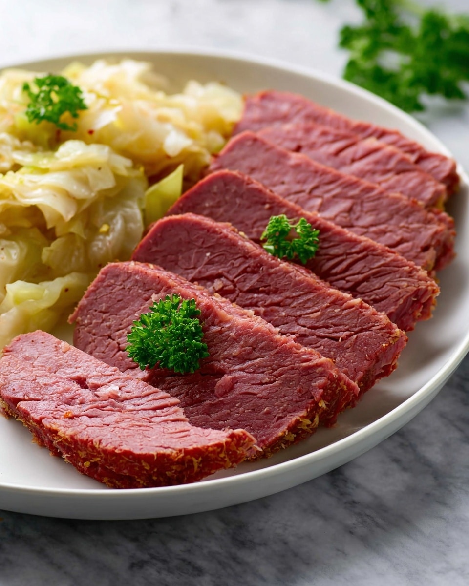 A white plate holds five slices of pinkish-red meat with a brownish outer edge, stacked next to a mound of pale yellow cooked cabbage topped with a sprig of green parsley. The plate sits on a white marbled surface with a green cloth partially visible on the left side. The photo taken with an iphone --ar 4:5 --v 7