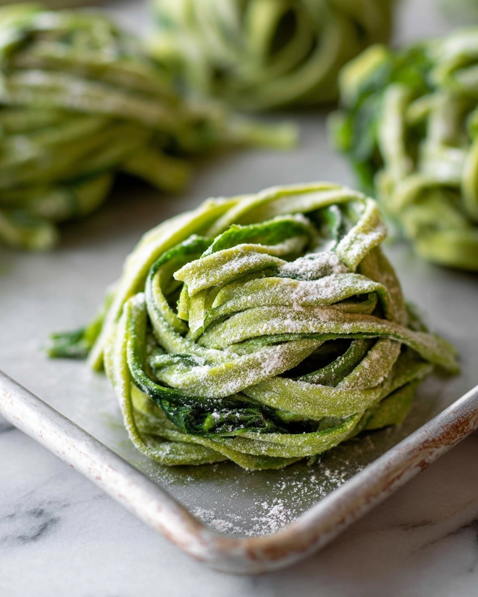 The image shows eight small nests of green pasta dough coated with a light dusting of white flour on a slightly worn metal baking tray. Each pasta nest is thick with flat, wide strands twisted together in a circular pile, giving a textured look. The pasta is a deep green color, indicating it may be spinach-flavored. The metal tray takes up most of the right side and middle of the image, while a creased green cloth is partly visible on the white marbled surface in the lower left corner. The overall tone is natural with soft lighting highlighting the pasta texture photo taken with an iphone --ar 4:5 --v 7