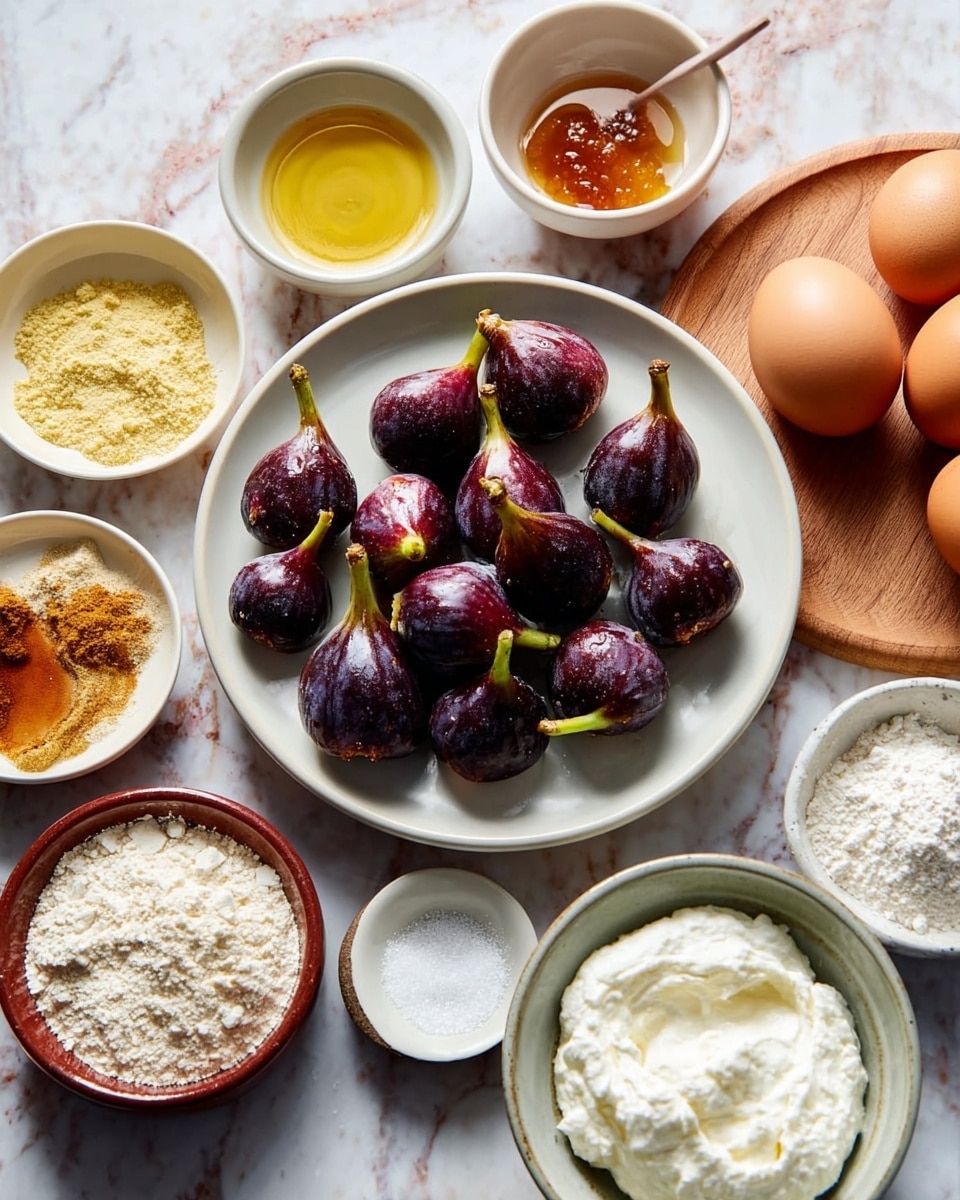 A white plate in the center holds about a dozen small, dark purple figs with smooth skin and green stems. Around the plate, there are several small white bowls filled with varied ingredients: one with a golden honey-like liquid, another with a pale yellow powder, and one with white flour. On the right side, a round wooden board holds two brown eggs, a white bowl filled with thick white yogurt, and two small dishes with white and light beige powder. The surface is a white marbled texture which brightens the whole scene. photo taken with an iphone --ar 4:5 --v 7