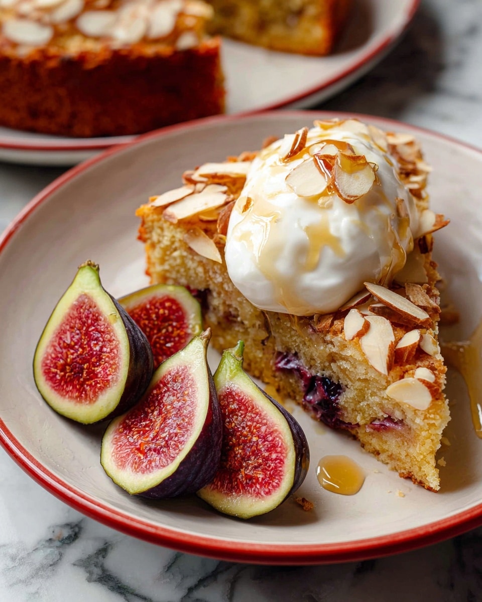A white plate with a red rim holds two triangle slices of a golden-brown cake with visible purple fruit pieces inside. On top of the cake is a dollop of smooth white cream, sprinkled with light toasted almond slices and a drizzle of golden honey. To the side of the cake on the plate are three thick slices of fresh fig showing pink and red inside with green skin. The plate sits on a white marbled surface. Photo taken with an iphone --ar 4:5 --v 7