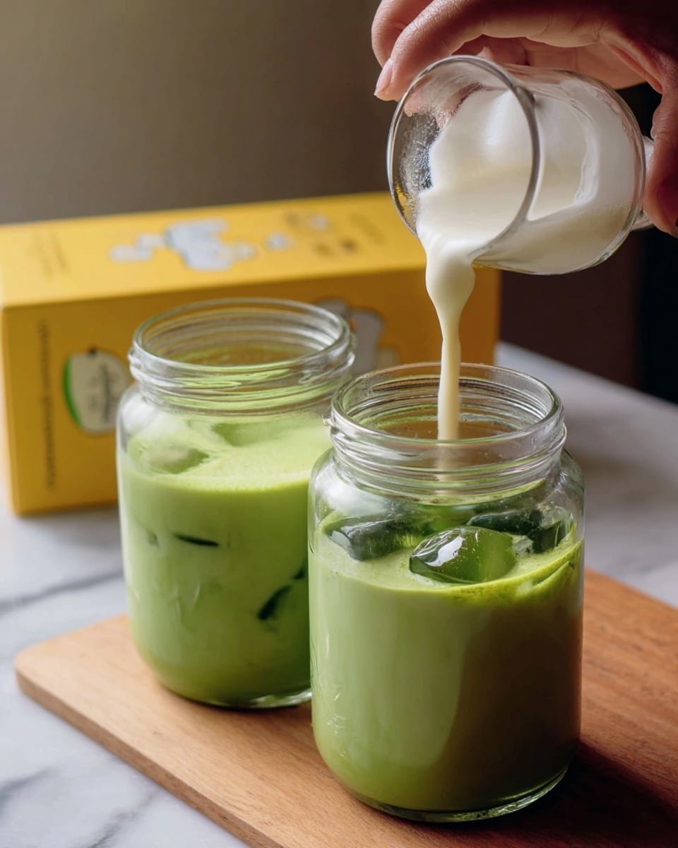 There are three clear glass jars on a light wooden surface with a white marbled background. The jar in the front center is filled halfway with a white foamy liquid being mixed by a small handheld frother held by a woman's hand, visible near the top of the image. To the right is another jar filled with a pale green drink that has white foam on top. On the left side, part of a third jar is seen filled with a lighter green drink. A white cloth is partly visible behind the jars. Photo taken with an iphone --ar 4:5 --v 7