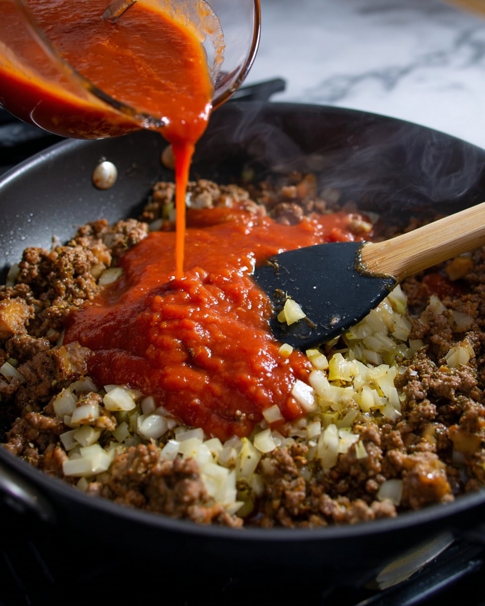 A blue plate holds a pile of rigatoni pasta covered with an orange-red sauce and sprinkled with grated white cheese and small green basil pieces on top, with visible bits of ground meat mixed in the sauce, sitting on a white marbled surface. In the background, there is a plate filled with cut pieces of focaccia bread wrapped in a white cloth, a white plate with colorful yellow and purple cauliflower garnished with green herbs, and rectangular dishes with other food items, all arranged around the main pasta dish. Wooden utensils lie near the plates, and a woman's hand is slightly visible in the corner. photo taken with an iphone --ar 4:5 --v 7