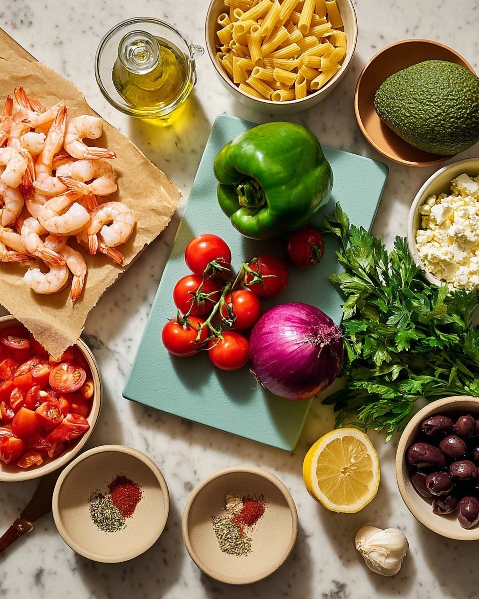 A top-down view of fresh cooking ingredients arranged neatly on a white marbled surface. In the center, a light blue cutting board holds a green bell pepper, a bunch of cherry tomatoes on the vine, and a large purple onion. Nearby, two ripe avocados sit next to a small bunch of green herbs and a bowl filled with bright red cherry tomatoes. Surrounding the board are small dishes containing white cheese, red powder spice, dried herbs, salt and pepper. On the left side, cooked pink shrimp rest on parchment paper. To the right, a glass jar with elbow macaroni sits near a small bottle of oil and a lemon. A beige bowl holds dark Kalamata olives with a bunch of parsley beside it. A single garlic clove sits near the cutting board's edge. photo taken with an iphone --ar 4:5 --v 7