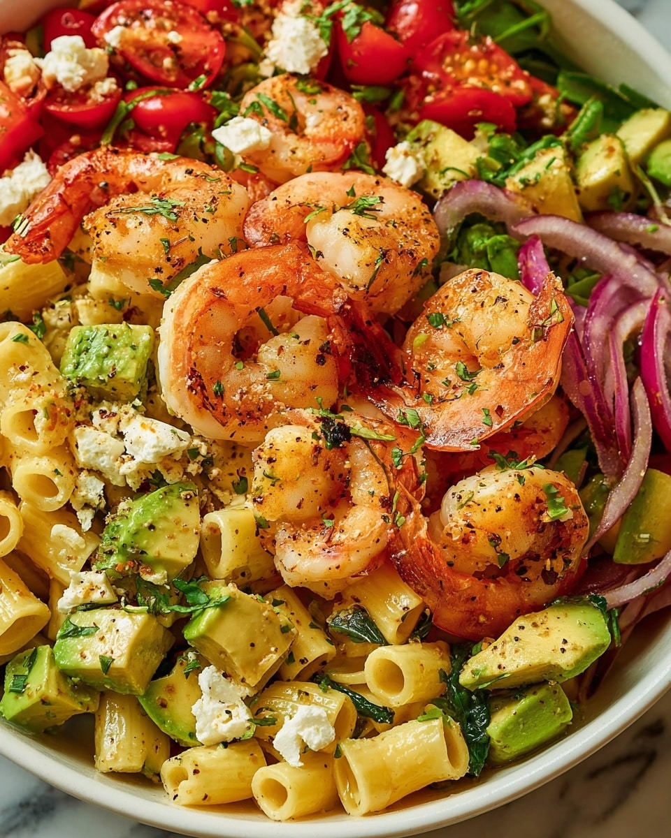 A close-up view of a pasta salad served in a white bowl placed on a white marbled surface, showing four main layers: a base of short, pale yellow pasta tubes mixed with chopped green avocado pieces, red cherry tomato halves, and small chunks of white cheese scattered evenly; on top, several large cooked shrimp with a light orange color and slight char marks are placed evenly across the bowl; red onion pieces and green leafy herbs are spread throughout adding depth; the overall texture looks fresh with specks of herbs and spices covering the ingredients. photo taken with an iphone --ar 4:5 --v 7