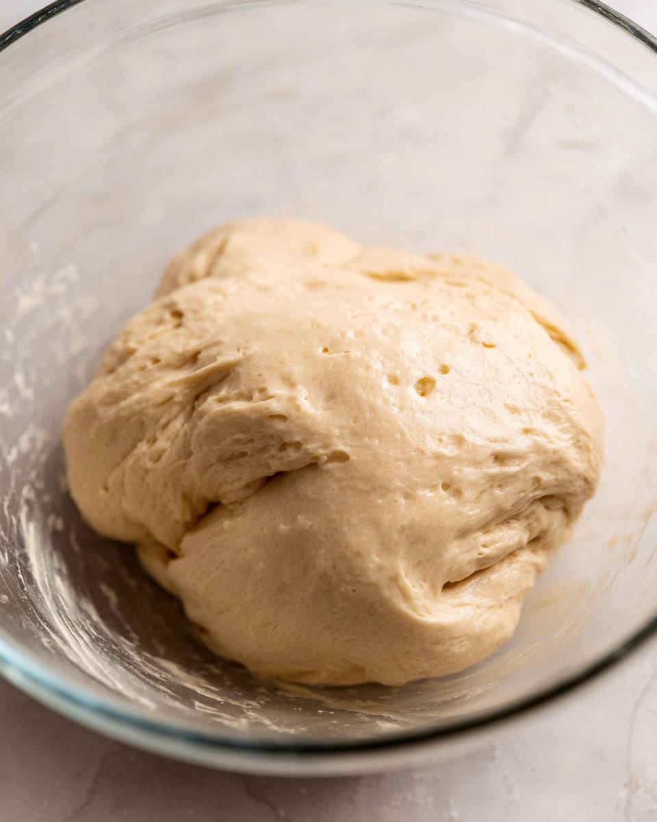 A close-up of soft, slightly sticky dough placed inside a transparent glass bowl; the dough has a light beige color with a smooth texture and a few small bubbles visible on the surface. The background shows a white marbled texture. The dough looks like it is ready for resting or rising. photo taken with an iphone --ar 4:5 --v 7