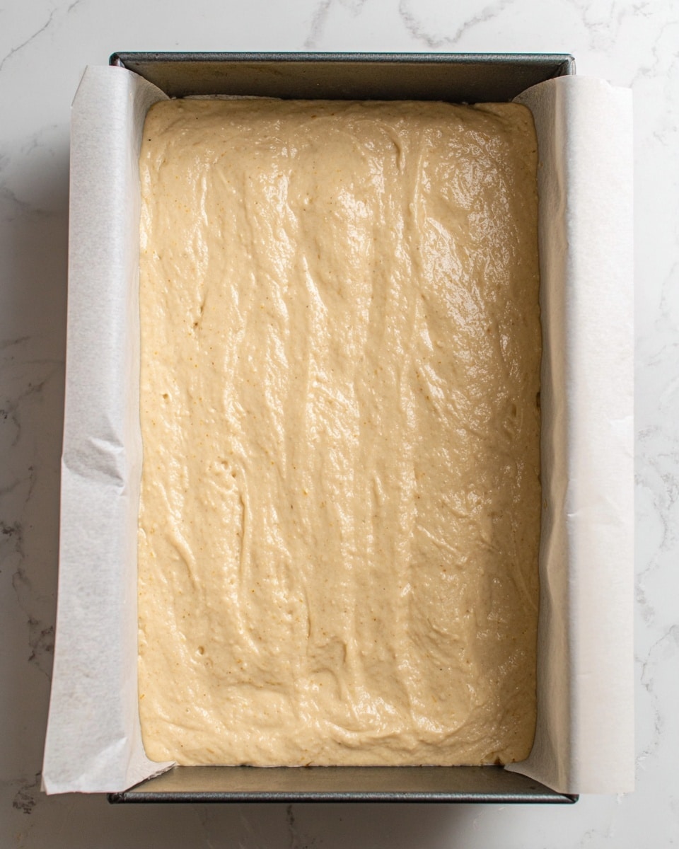 A rectangular baking pan lined with white parchment paper contains a single thick layer of light beige batter spread evenly across the entire pan surface. The texture looks smooth with some small air bubbles and slight ridges running vertically across the batter. The pan rests on a white marbled surface with soft natural lighting casting a subtle shadow along the left edge of the pan. photo taken with an iphone --ar 4:5 --v 7