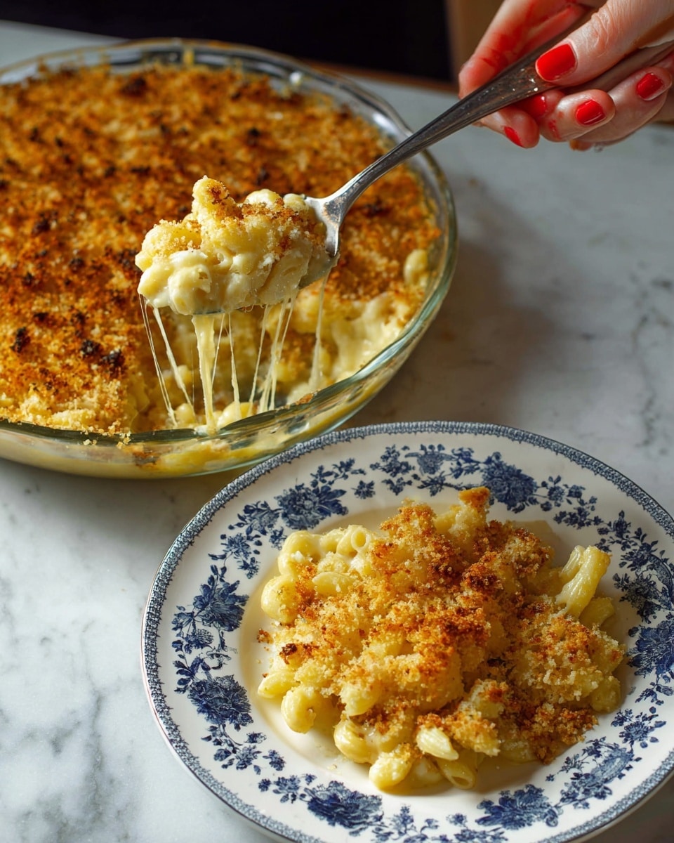 A round glass baking dish filled with macaroni and cheese shows a golden-brown crumb topping with a slightly rough texture evenly covering the surface. Underneath the topping is a creamy layer of elbow macaroni mixed with melted white and yellow cheese, which pulls in strings as it is scooped out with a silver spoon held by a woman's hand with red nail polish. A portion of the macaroni and cheese is served on a white plate with blue floral patterns, placed on a white marbled surface, showing the mix of creamy pasta and crumbly topping. Photo taken with an iphone --ar 4:5 --v 7