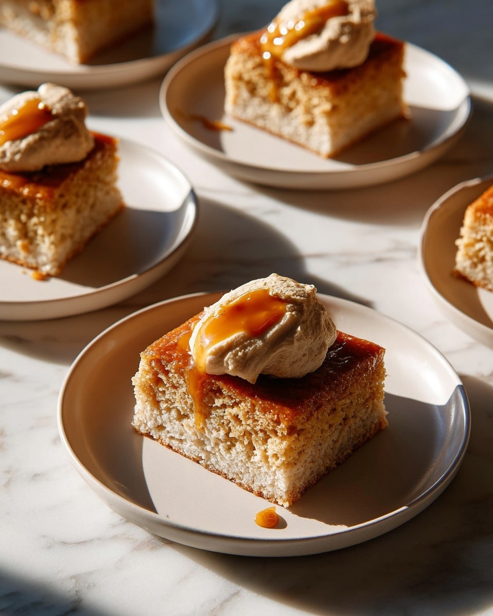 The image shows three pieces of square cake placed separately on white round plates set on a white marbled surface. Each cake piece has two visible layers: a light brown, slightly textured cake base and a dollop of creamy, beige frosting on top, crowned with a small pool of glossy amber caramel sauce that slightly drips down one side of the frosting. The cakes appear moist and soft with a slightly crumbly texture. Sunlight casts soft shadows, highlighting the smooth surfaces of the plates and the rich texture of the cakes. Photo taken with an iphone --ar 4:5 --v 7