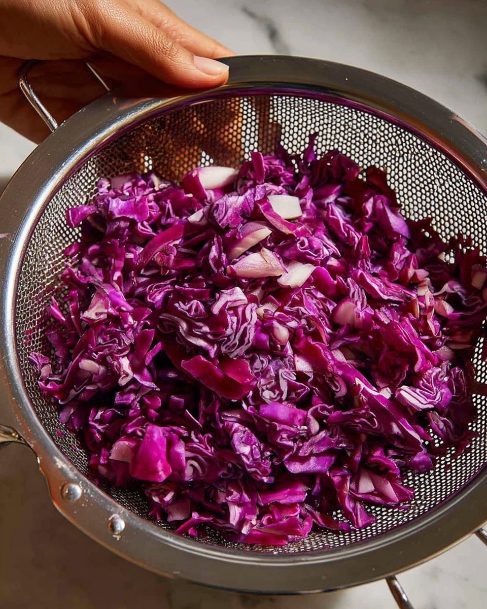 A tall clear glass jar is filled with bright, finely chopped red cabbage soaked in a deep reddish liquid, showing a mix of shredded textures and colors varying from dark purple to magenta. Inside the jar, shiny metal tongs rest at the top, slightly submerged in the cabbage mixture. Surrounding the jar are small white bowls: one with more shredded cabbage, another with dark red powder, and a third bowl with coarse white salt. All items sit on a flat white marbled surface, with a teal tiled wall in the blurred background. photo taken with an iphone --ar 4:5 --v 7