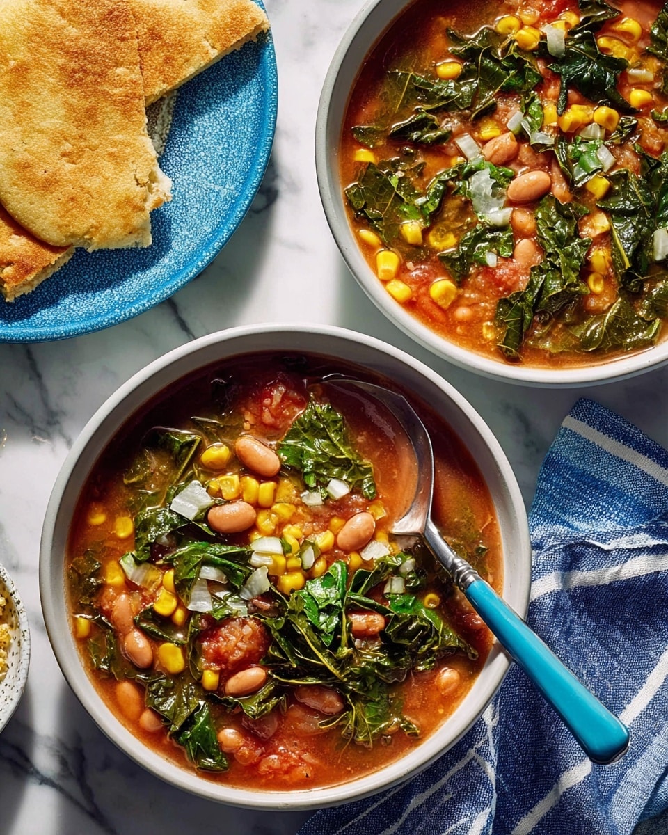 Two white bowls hold a thick soup filled with layers of yellow corn kernels, light brown pinto beans, bright green leafy vegetables, and small pieces of diced white onion, all mixed into a warm reddish broth. Each bowl has a silver spoon with a blue handle resting inside. There are pieces of light golden flatbread placed next to each bowl. The bowls are set on a white marbled surface with a blue and white striped cloth nearby. Photo taken with an iphone --ar 4:5 --v 7