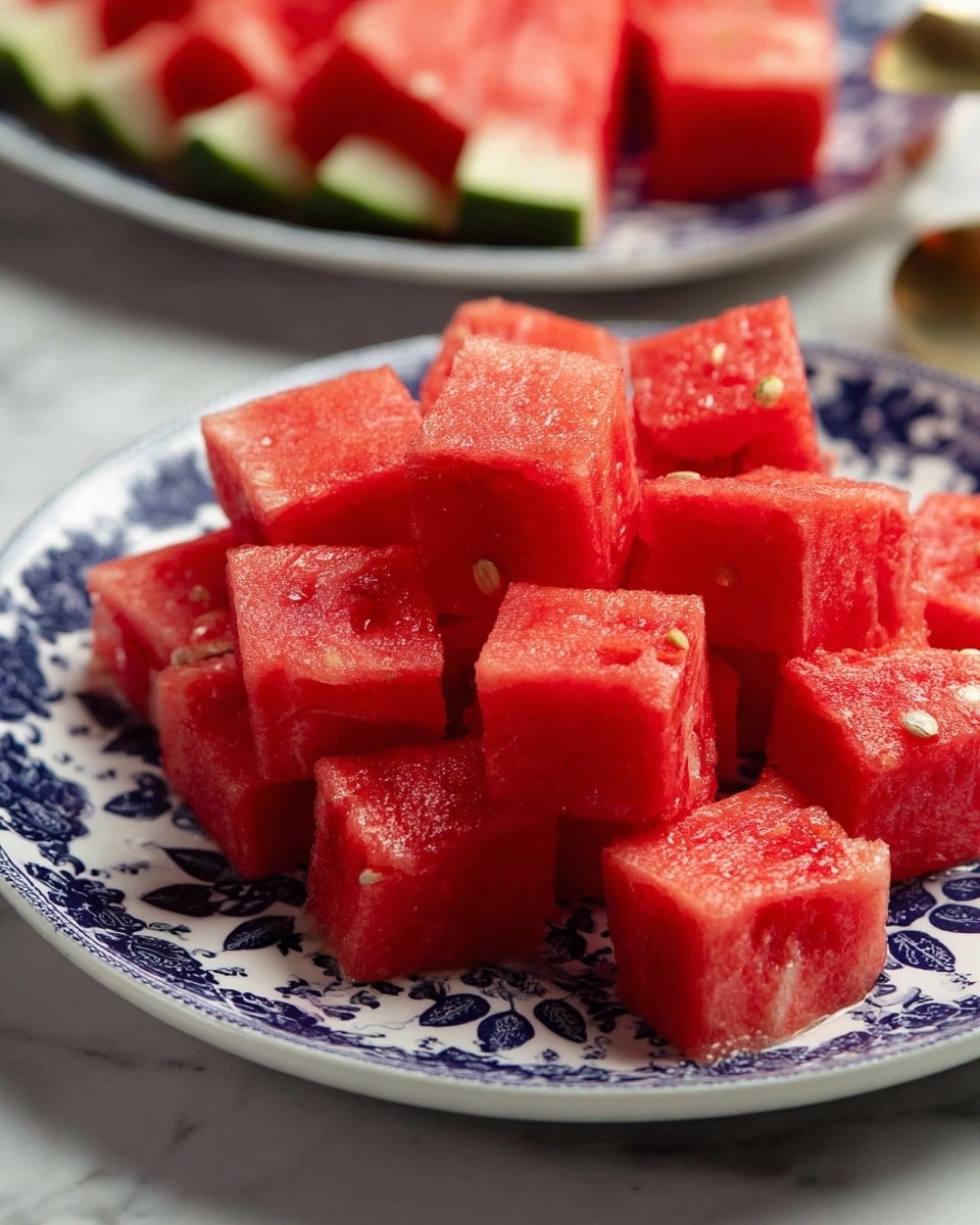 The image shows a white plate decorated with a blue floral pattern, filled with many red watermelon cubes stacked together. Each cube has a fresh, juicy texture with some visible small seeds inside and a few tiny darker spots. In the background, there is a blurred partial view of another plate with larger pieces of watermelon. The surface beneath the plates is a white marbled texture. photo taken with an iphone --ar 4:5 --v 7
