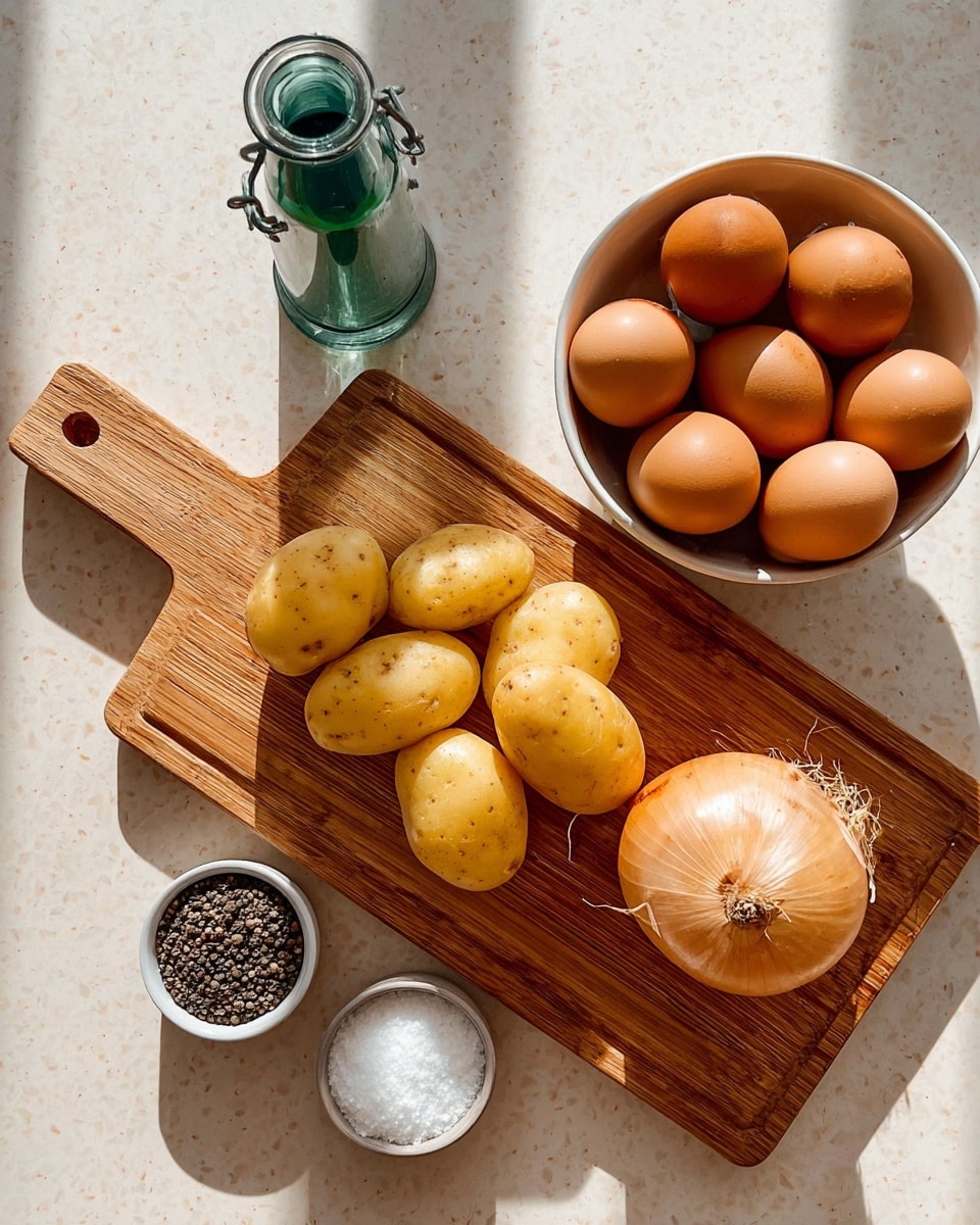 A wooden cutting board is placed on a white marbled surface. On the cutting board are three light yellow potatoes with smooth skin, arranged loosely in the middle. At the bottom right corner of the board is a whole onion with a light brown outer skin and root end visible. To the top right of the board is a white bowl filled with seven brown eggs, arranged closely together. Next to the bottom left corner of the cutting board are two small round containers; one contains white salt, and the other holds black peppercorns. To the left of the cutting board stands a green glass bottle with a metal spout on top. The scene is brightly lit with soft natural light, casting gentle shadows. Photo taken with an iphone --ar 4:5 --v 7