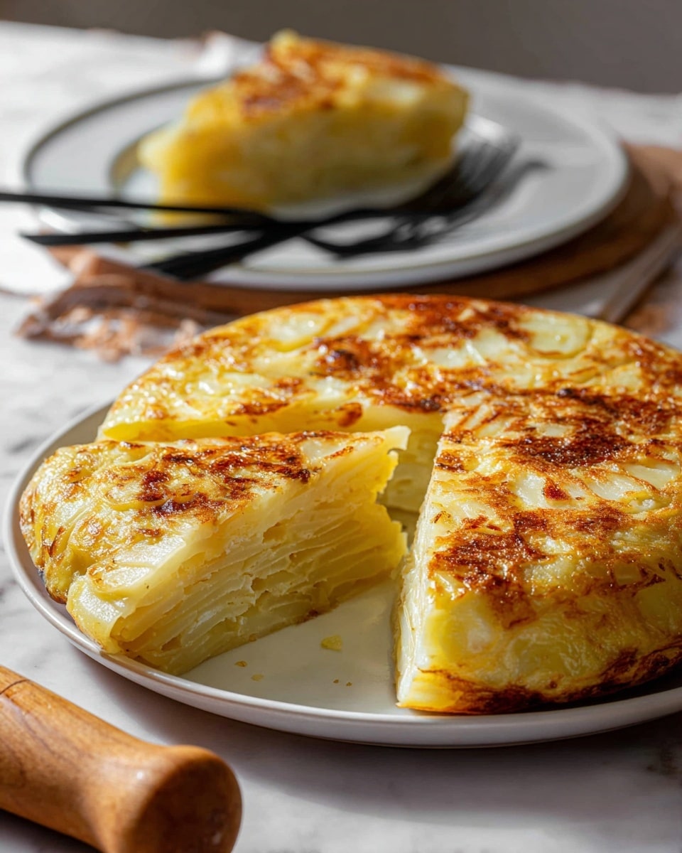 A thick round Spanish potato omelette with visible layers of tender pale yellow potato slices and creamy egg, browned slightly on top to a golden crust. A wedge is cut out from the whole omelette, showing the inside layers stacked closely together. The omelette sits on a white plate, with the wedge piece placed on another white plate in the background next to black-handled cutlery. The scene is set on a white marbled surface with a wooden rolling pin in the bottom left corner. The lighting is soft and natural, highlighting the omelette's texture and golden colors photo taken with an iphone --ar 4:5 --v 7