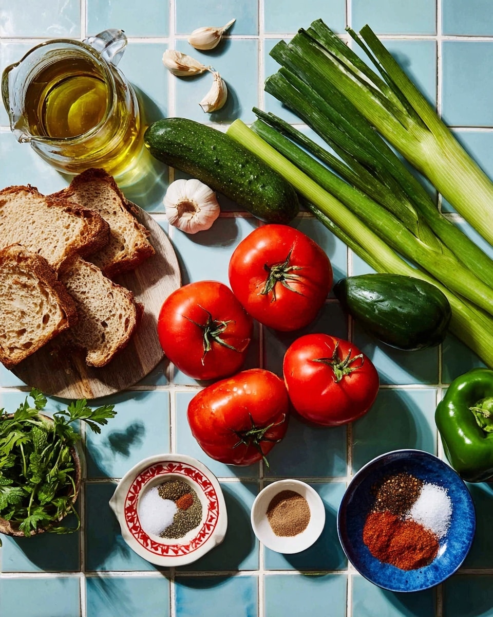 The image shows fresh ingredients for a meal laid out on a white marbled tiled surface with light blue square tiles. There are five red tomatoes in the center, along with a dark green cucumber and a green bell pepper to the right. Above them, three long green onions and two stalks of celery lay diagonally. On the left side, there are three slices of toasted bread stacked overlapping each other. Several small bowls with different spices and seasonings are placed around, including a pile of salt, salt and black pepper mix, brown spice powder in a small white bowl with a red rim, and a reddish spice in a small blue bowl. A small glass pitcher with golden olive oil and a bowl with fresh green herbs sit on the top left corner. Two garlic cloves rest near the top right corner. photo taken with an iphone --ar 4:5 --v 7
