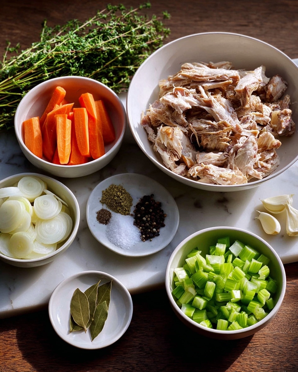 The image shows seven white bowls and plates arranged on a white marbled surface. In the center is a large white bowl filled with pulled chicken pieces in light brown and beige tones with some bone visible. To the left, there is a bowl with thick orange carrot slices, and below it, fresh green herbs with long thin stems and leaves. Beneath the herbs are very small white dishes, one with thin slices of garlic and the other with black peppercorns and coarse salt. To the right of the chicken bowl, there is a bowl of chopped light green celery, and below that, a bowl with four large pieces of white onion. Near the onions is a small white dish holding two dried bay leaves. The overall setting looks natural and simple with a soft light shining from above. photo taken with an iphone --ar 4:5 --v 7