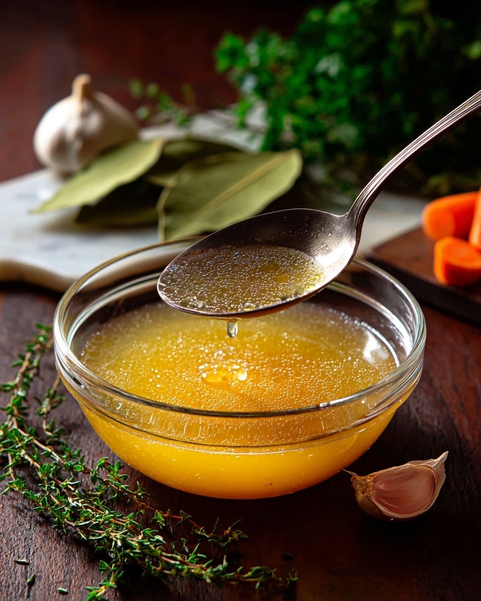 A clear glass jar filled with light yellow broth shows slight froth on top, sitting on a dark brown wooden board. Behind this jar, another glass jar filled with orange broth is visible. Near the jars, there are fresh green herb sprigs, two light brown bay leaves, some carrot slices, and a garlic bulb placed on the board. To the right side, a crumpled gray cloth adds texture to the scene, all set against a white marbled surface. photo taken with an iphone --ar 4:5 --v 7