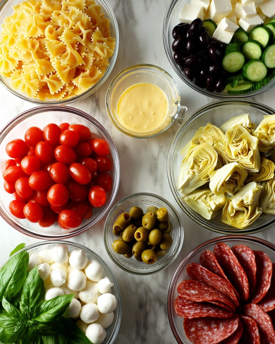 A clear glass bowl holds a colorful pasta salad with three main layers visible: the bottom layer of light yellow cooked farfalle pasta with its ruffled edges and smooth texture, a middle layer scattered with shiny black olives and bright red grape tomatoes, and the top layer featuring small cubes of white cheese along with fresh green chopped basil leaves sprinkled evenly on top, all dusted lightly with black pepper. The bowl is placed on a white marbled surface, and the colors are vibrant and fresh. photo taken with an iphone --ar 4:5 --v 7