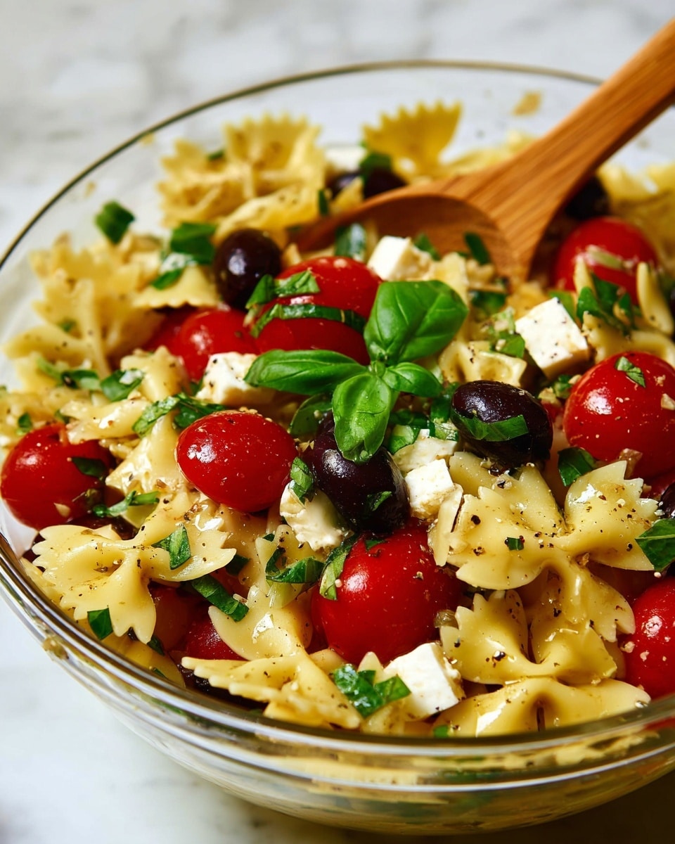 The image shows several clear glass bowls arranged on a white marbled surface, each holding different food items. One bowl contains dry yellow farfalle pasta with a bow-tie shape and smooth texture. Another bowl holds mozzarella cheese cubes that are white and firm. A large bowl is filled with bright red grape tomatoes that are shiny and smooth. Next to them, a small clear measuring cup holds creamy yellow dressing with a smooth texture. There is a bowl of black olives, round and glossy, and fresh green basil leaves with a slightly crinkled texture placed below. On the right side, there is a bowl with light yellow artichoke hearts layered and soft-looking, another bowl packed with sliced cucumber pieces that show green skin and pale insides with crisp texture, a bowl of small round white mozzarella balls, and a bowl with thinly sliced dark red salami pieces arranged loosely. The arrangement shows a variety of colors and textures in neat, separate glass bowls. Photo taken with an iphone --ar 4:5 --v 7