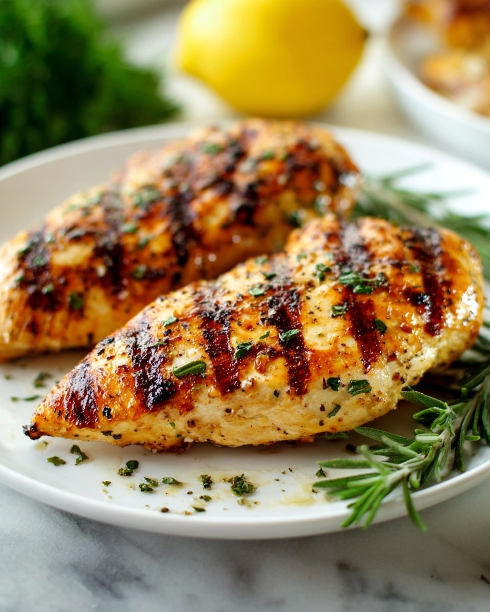 On a white plate, two pieces of grilled white fish fillets are shown with dark brown grill marks going across their golden seared surface, speckled with black pepper and some green herbs. Around the plate edge, small green herb leaves are scattered for garnish. In the blurred background on a white marbled surface, a whole yellow lemon and a bulb of garlic can be seen with some green herb sprigs. The photo focuses closely on the top fish fillet with the background softly out of focus. Photo taken with an iphone --ar 4:5 --v 7
