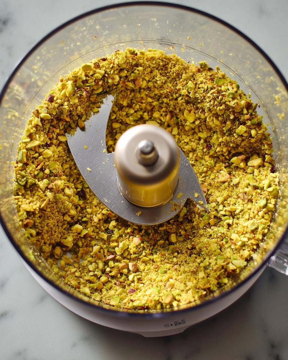 The image shows a top view of a clear food processor bowl with a sharp silver blade in the center, surrounded by a layer of finely chopped yellow and green pistachio nuts. The pistachio pieces have a rough texture and are spread evenly inside the bowl, some bits sticking lightly to the sides. The whole setup is placed on a white marbled surface. Photo taken with an iphone --ar 4:5 --v 7