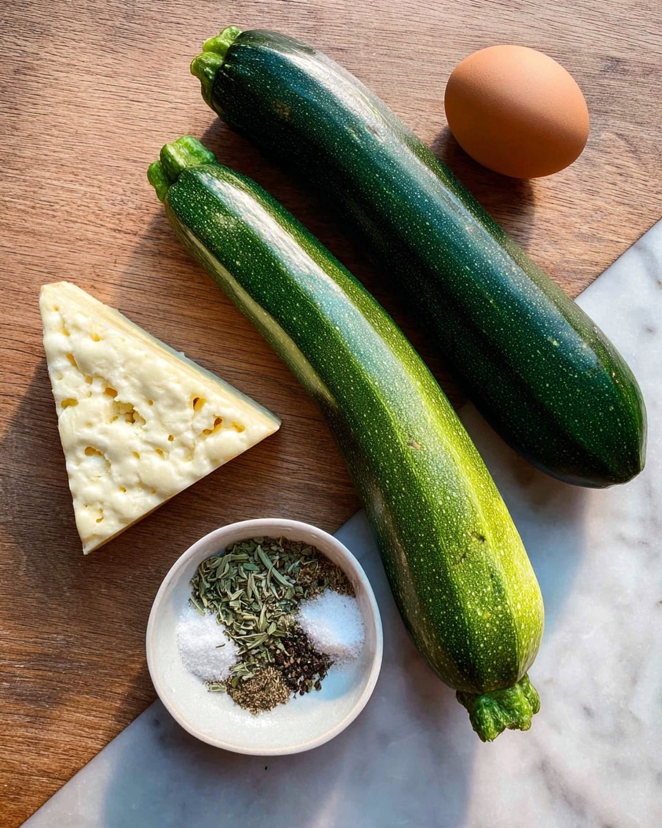 The image shows two zucchinis, one dark green and the other lighter green, placed side by side on a light wood surface. Below the zucchinis, there is a small white bowl containing mixed herbs and spices, including black pepper, salt, and green dried herbs. Next to the bowl, there is a triangular piece of pale yellow cheese with a textured surface, and beside the cheese, there is a single brown egg. The whole setup sits on a white marbled texture surface photo taken with an iphone --ar 4:5 --v 7