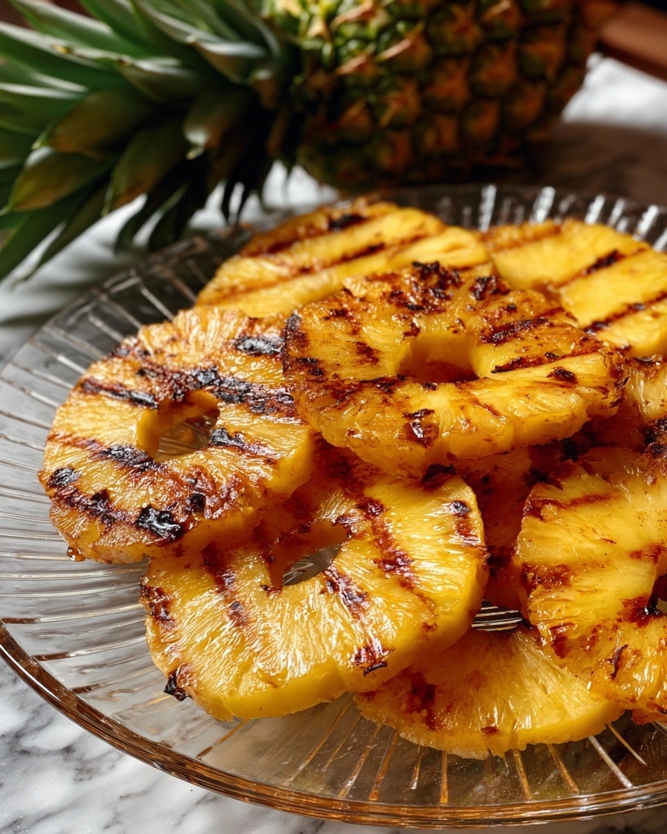 The image shows several grilled pineapple slices arranged closely in a clear glass plate with curved edges. Each pineapple slice is golden yellow with caramelized, slightly charred brown patches that highlight the grilled texture. The center of each slice is lighter in color, while the outer edges show natural ridges and darker grill marks. The plate sits on a white marbled surface. In the background, there is a whole pineapple with green spiky leaves. photo taken with an iphone --ar 4:5 --v 7