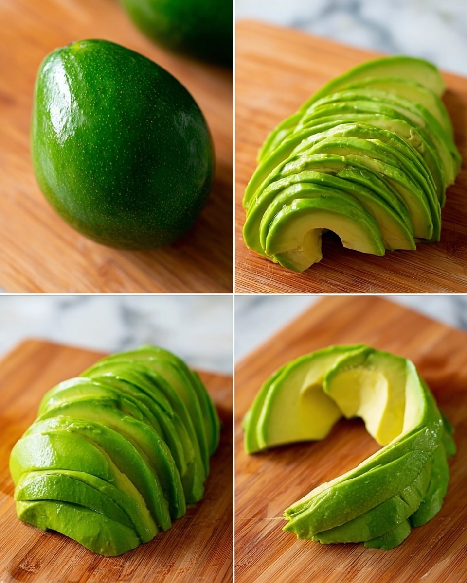 The image shows four close-up views of a green avocado on a wooden cutting board with a white marbled surface underneath. The first part displays a whole green avocado, smooth and shiny. The second part shows the avocado sliced thinly all the way through, each slice the same bright green color and soft texture. The third section shows the thin slices forming a curved fan-like shape, as if arranged carefully to look like a flower with layers of green petals overlapping each other. The fourth part shows the avocado slices slightly separated and bending outward to form a crescent shape, showing the soft, smooth layers in different shades of green. photo taken with an iphone --ar 4:5 --v 7