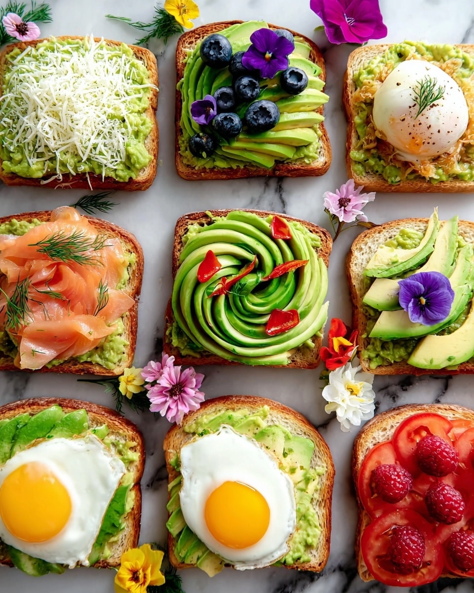 The image shows nine slices of toast on a white marbled surface, each topped with avocado styled differently. The first slice on the top left has mashed avocado spread with shredded white cheese on top. Next to it, a toast has sliced avocado arranged in a rose shape with blueberries and small red flowers around it. The top right toast has mashed avocado with a poached egg and purple edible flowers. The middle row starts with sliced avocado spiraled with red pepper strips, followed by a toast with sliced avocado roses on smoked salmon and a purple flower. The middle right toast has sliced avocado and tomato slices arranged neatly. On the bottom row, the left toast features mashed avocado with a sunny-side-up egg. The next one has avocado slices in a rose shape with a raspberry and red flowers. Lastly, there is toasted bread with mashed avocado and sliced boiled eggs topped with pink edible flowers. Colorful edible flowers are spread around for decoration. photo taken with an iphone --ar 4:5 --v 7