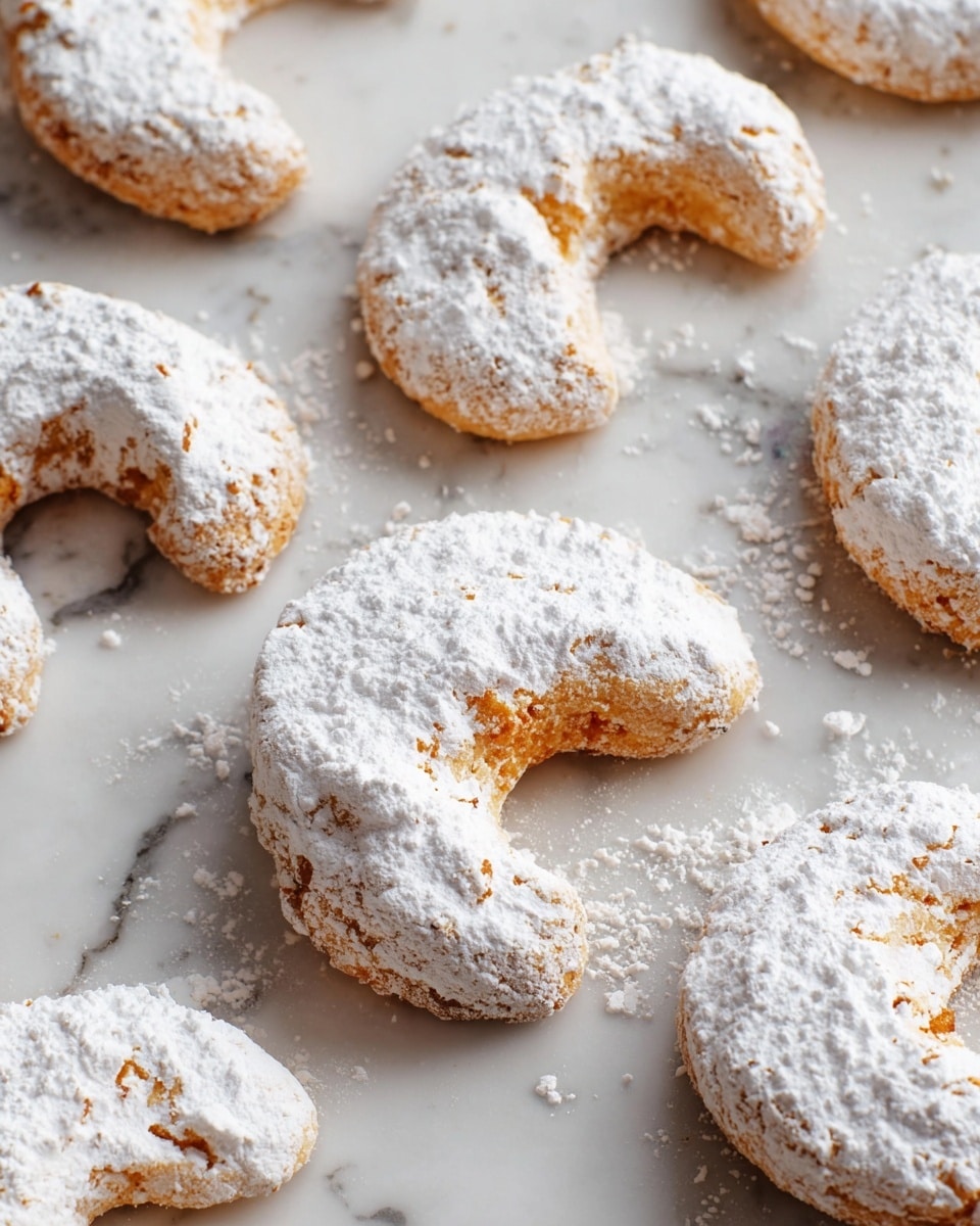 Several crescent-shaped cookies are scattered on a white marbled surface. Each cookie has a light brown, slightly rough texture and is fully covered with a thick layer of white powdered sugar. The cookies have a curved shape, with some edges showing a little more of the golden-brown base through the sugar. The powdered sugar creates a soft, snowy look that contrasts with the warm cookie color underneath. The overall scene is bright and clear, focusing closely on the cookies and their powdered top. photo taken with an iphone --ar 4:5 --v 7