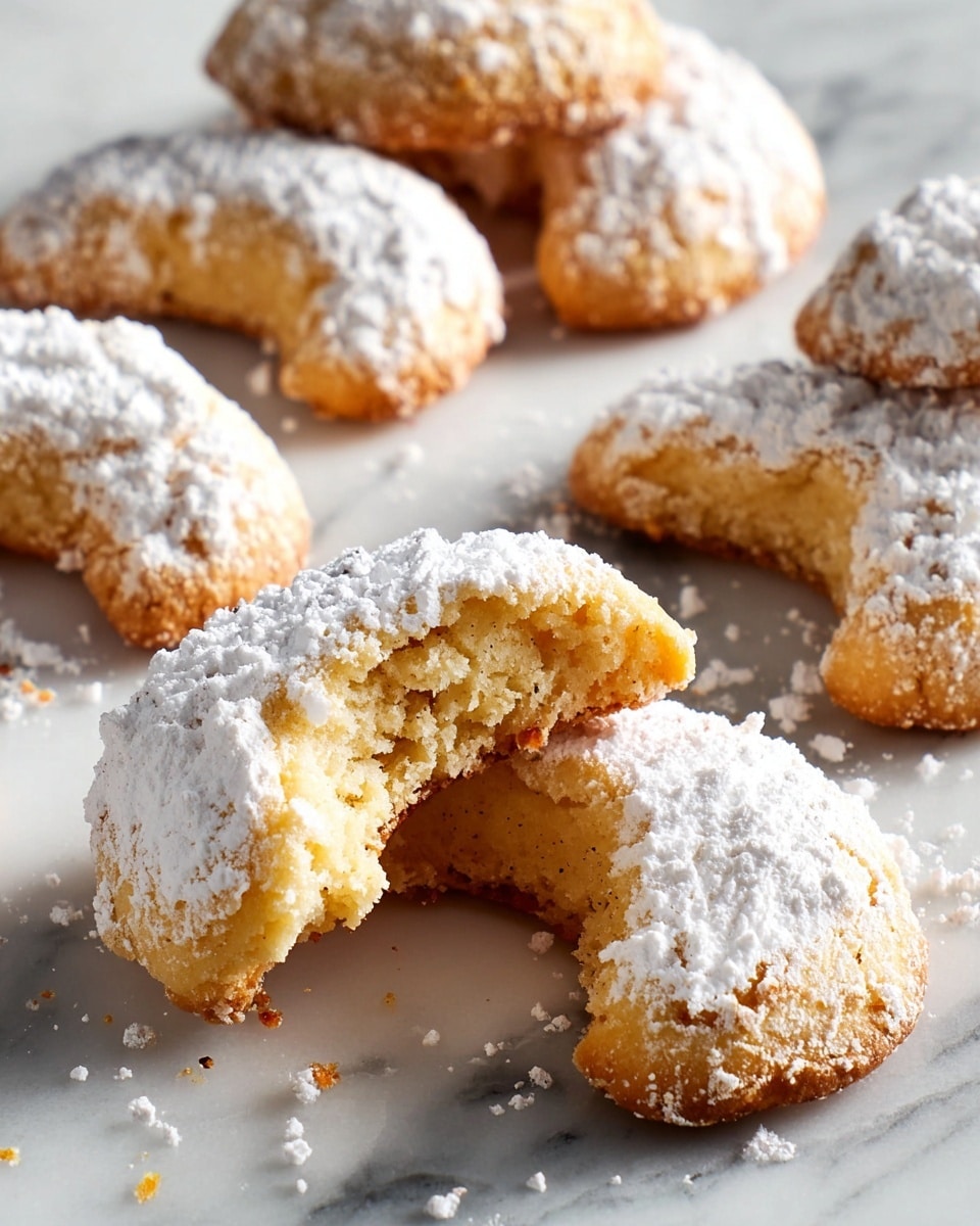 The image shows a white scalloped plate filled with crescent-shaped pastries, each dusted heavily with white powdered sugar. The pastries have a light golden brown texture underneath the sugar, with some small cracks visible. The plate is placed on a white marbled surface, and in the background, there is a silver tray also holding a few pastries dusted with powdered sugar. The overall look is soft, powdery, and inviting, with a simple, clean setting that highlights the pastries. photo taken with an iphone --ar 4:5 --v 7